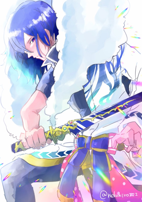 1boy weapon blue hair male focus sword solo holding weapon  illustration images