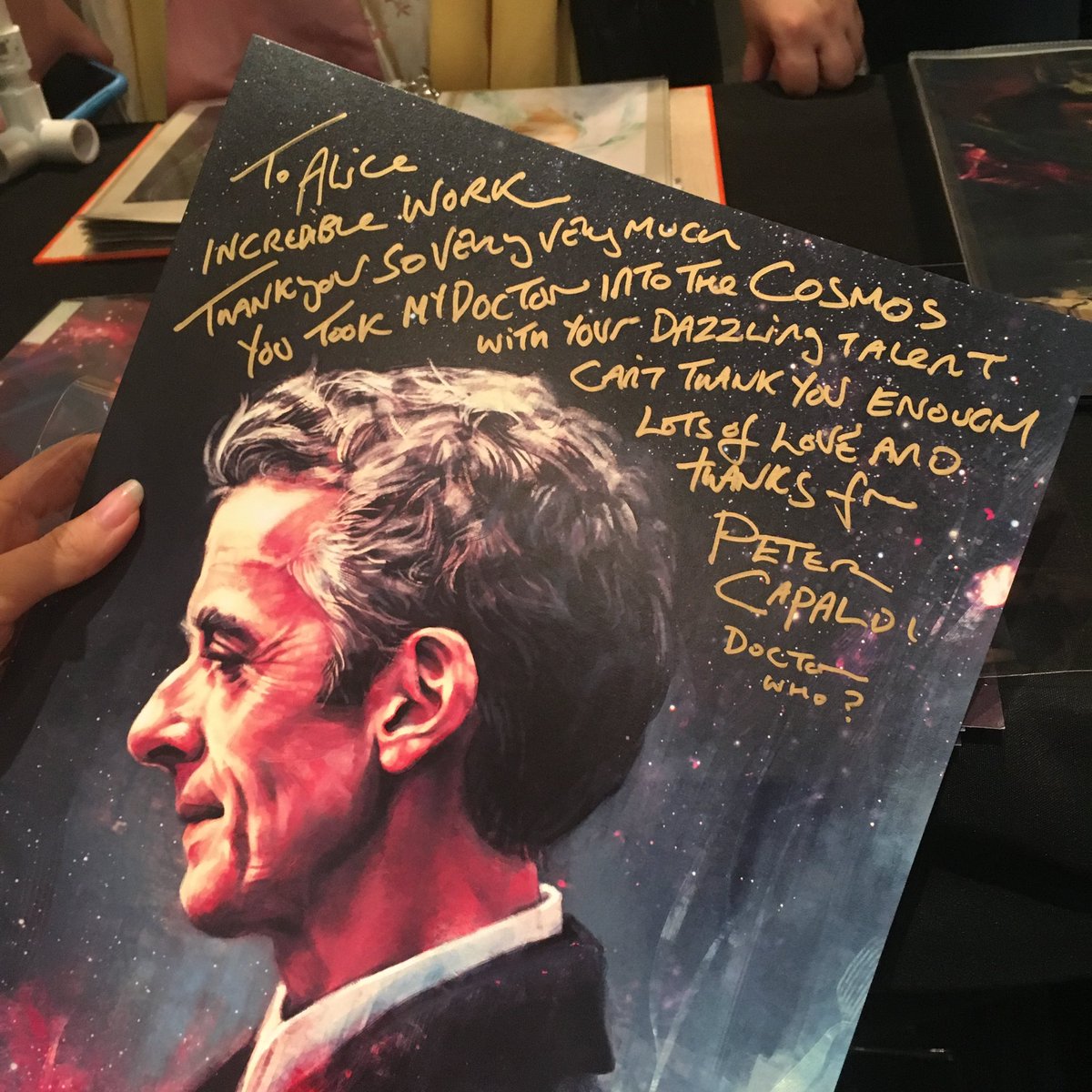 alicexz's tweet photo. 2017 was a hard year for me. I barely made it to NYCC—had been hospitalized for severe depression, was crying all the time, etc. So when Peter Capaldi surprised me at my table it felt like the real Doctor had somehow heard me, and cared… I’ll truly never forget it. #DoctorWhoDay https://t.co/d6Ut5ObgI5