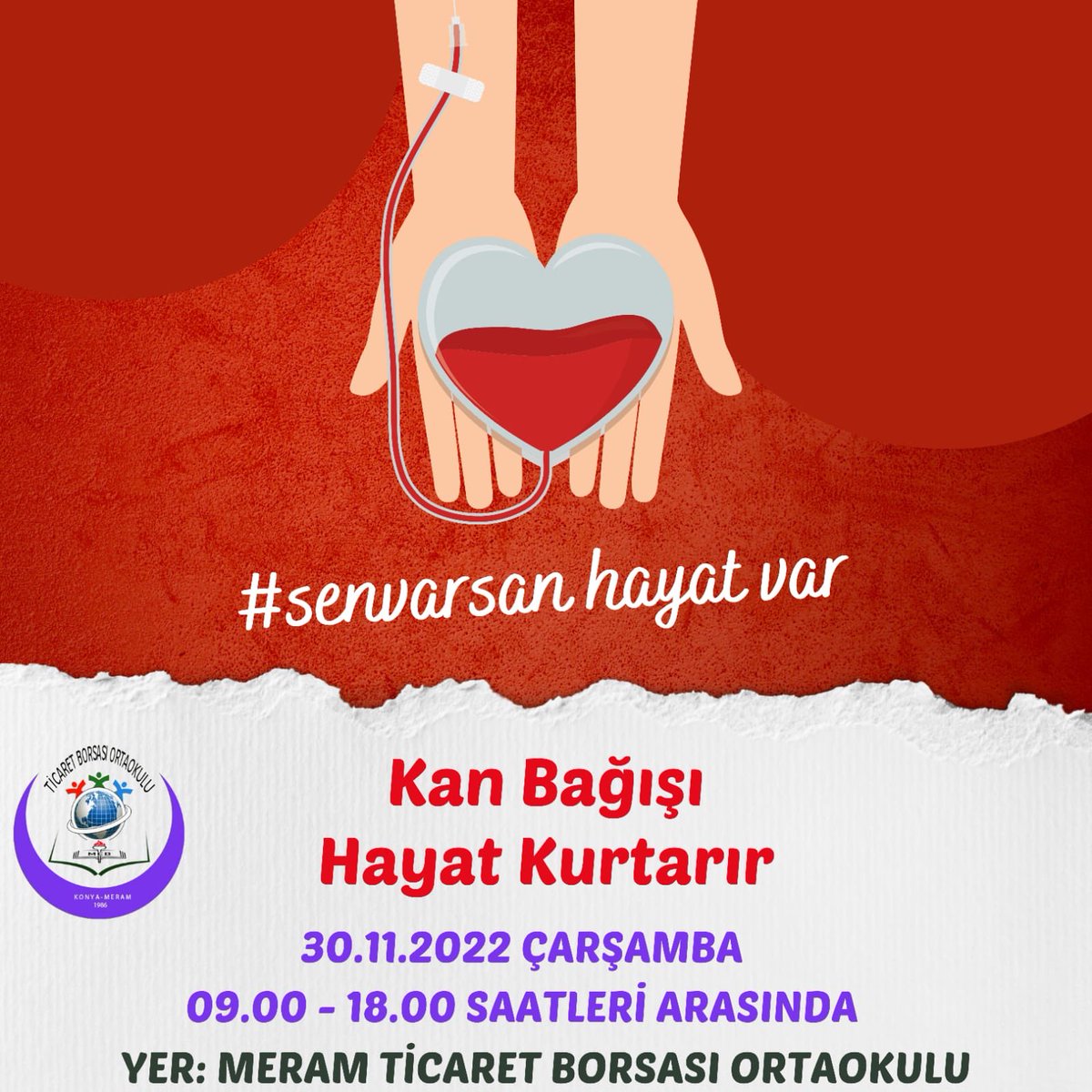#senvarsanhayatvar Okulumuzda yapılacak kan bağışı gününe davetlisiniz... <a href="/mustafakoca42/">Mustafa Koca</a> <a href="/meramMEM/">Meram İlçe MEM</a> <a href="/servetal61/">Servet ALTUNTAŞ</a> <a href="/gokhanmurat1/">Murat YİĞİT</a> <a href="/konyamem/">Konya İl MEM</a>