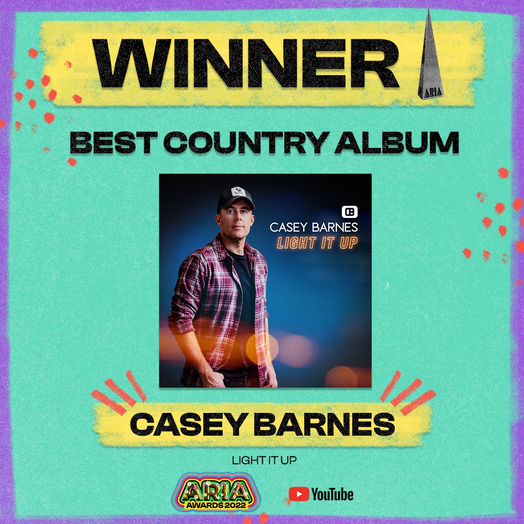 ARIA (@aria_official) on Twitter photo Congratulations to the 2022 #ARIAs Best Country Album winner <a href="/Casey_Barnes/">CASEY BARNES</a> for Light it Up
#YouTube #HordernPavilion #ARIAs #ARIAAwards #caseybarnes Congratulations to the 2022 #ARIAs Best Country Album winner <a href="/Casey_Barnes/">CASEY BARNES</a> for Light it Up
#YouTube #HordernPavilion #ARIAs #ARIAAwards #caseybarnes