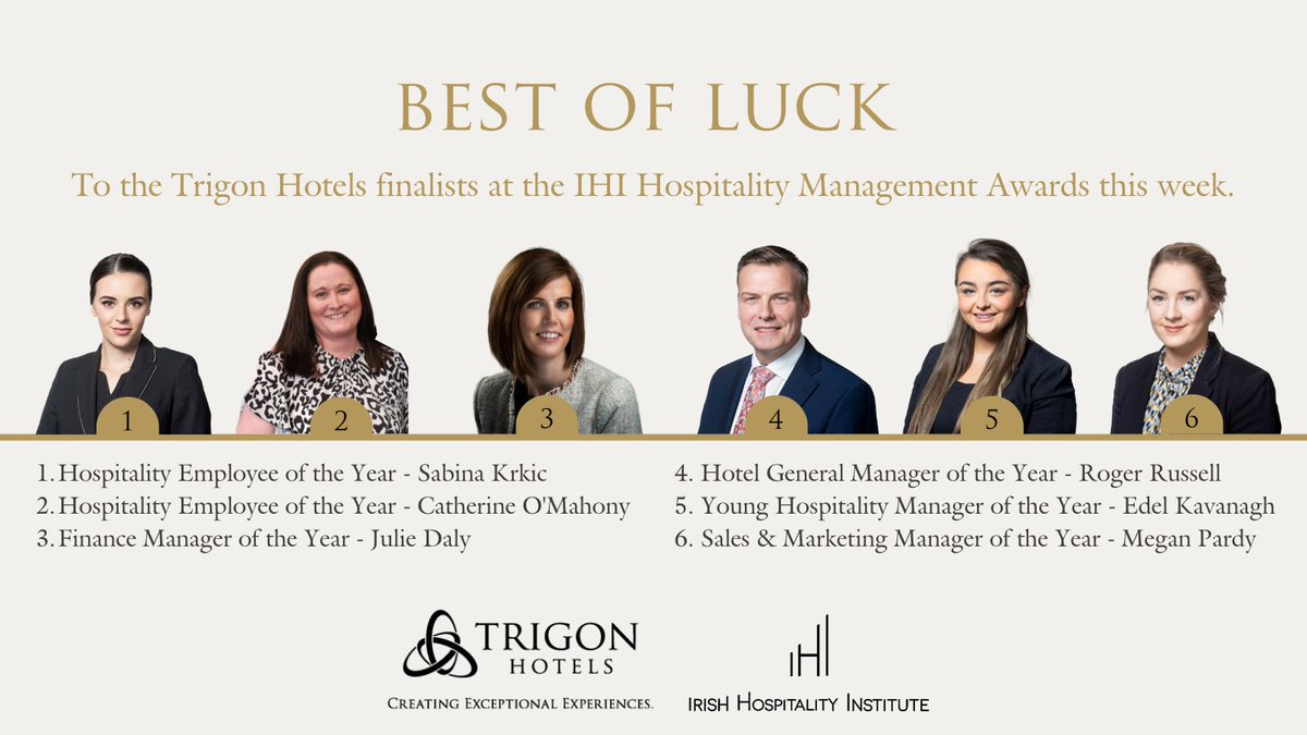 We are so very proud of our 6 wonderful team members shortlisted for tonight’s @IHI_Ireland  awards from across @TrigonHotels @MetropoleCork @No1CorkHotel #HospitalityAwards #hospitalitymanagement #IHIawards #greatestindustryintheworld