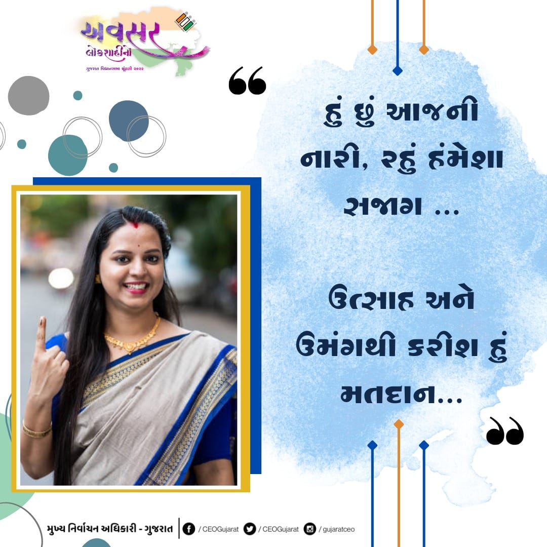 હું છું આજની નારી,
રહું હમેશાં સજાગ...
ઉત્સાહ અને ઉમંગથી...
કરીશ હું મતદાન...
#AVSAR 
#PowerOfOneVote 
#EveryVoteCounts 
#CEOGujarat 
#ElectionCommissionOfIndia