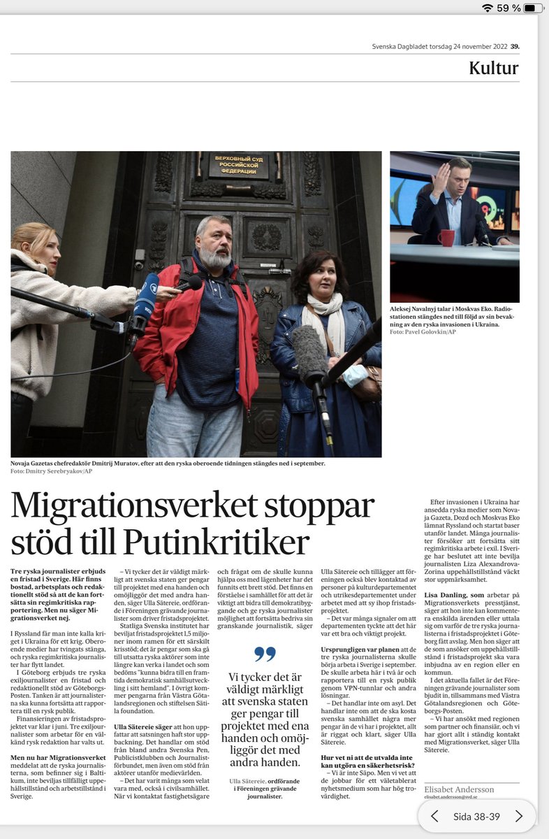 Det här är så motsägelsefullt; staten stöttar genom <a href="/SweInstitute/">Svenska institutet</a> aktivt arbetet för demokrati och yttrandefrihet vilket <a href="/Migrationsverk/">Migrationsverket</a> motarbetar. Ett projekt som dessutom stöds av bl.a. ⁦<a href="/FGJ_foreningen/">Föreningen FGJ</a>⁩   <a href="/PKVastra/">PublicistklubbenVäst</a> ⁦<a href="/journalistforb/">Journalistförbundet</a>⁩ ⁦<a href="/RSF_RUG/">ReportrarUtanGränser</a>⁩