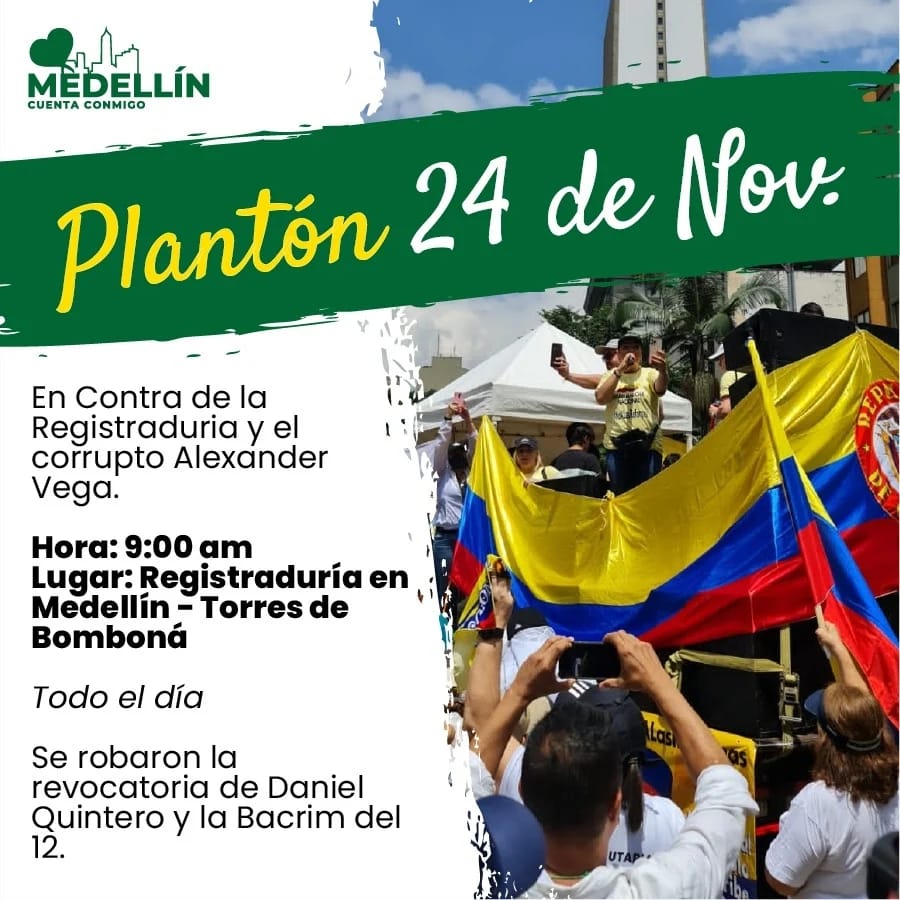 La Cita es Mañana en Medellín!!!
Lugar: Registraduría Medellín - Torres de Bombona 
Hora: Desde las 9 a.m. hasta que nos den solución 
Llevar pitos, vuvuzelas, pancartas, banderas, megáfonos. Medellín se respeta
#MedellinPideRevocatoria 
#DanielSiSeVa #FraudeHistorico 💚 🇨🇴