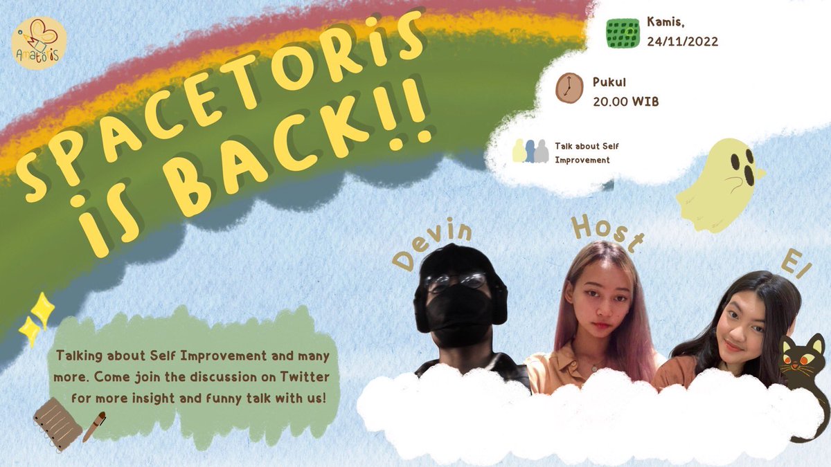 Amatoris_id's tweet photo. Hi Mateoris 🦋!

Spacetoris is back nih temen-temen Mateoris 🤩!!! 

Di Spacetoris kali ini Mintoris bakalan ngobrol seru nih bareng Kak el  @JustAskWhatIf &amp; Kak Devin @vinnismmt 

📆 Kamis (24-11-2022)
⏰ 20.00 WIB - 21.00

Jangan lupa ikutan karena bakalan seru banget! 😋☝🏻 https://t.co/HLuzq27hnU