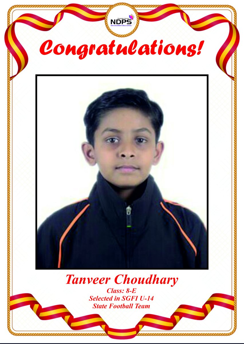 NewDigamber's tweet photo. Heartiest Congratulations to #NDPian Tanveer Choudhary of 8E on getting selected for the #SGFI U-14 State Football Team. Footballer Tanveer is a midfielder. We wish him Good Luck! https://t.co/Kj9sZiwXoq