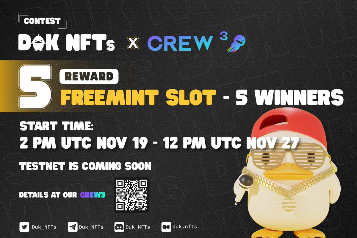 DukNFTs's tweet image. 🔥Game On Kapt Kapt🔥
Join our @crew3xyz &amp;amp; do some simple tasks to know more about #DukNFTs &amp;amp; expand Duk community 
⌛️Time: UTC 2PM Nov 19th - 12PM Nov 27th
🎁Reward: Top 5 #DukApters having highest XP will get 5 freemint slots
🎮Join here: duknfts.crew3.xyz/questboard
#AptosEcosystem