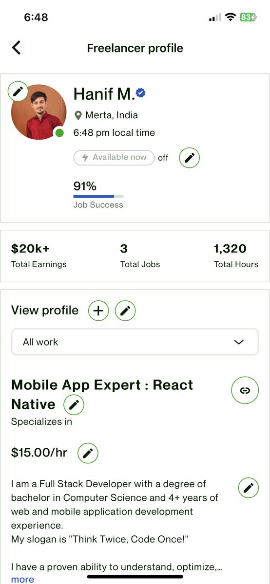 Alhamdulillah! I completed 20k on <a href="/Upwork/">Upwork</a> . Thanks Upwork  to give me this opportunity and it’s a awesome platform for freelancer’s.

#freelancer #upworksuccess #upworkfreelancer #reactnative