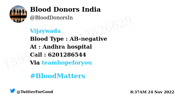 BloodDonorsIn's tweet photo. #SOS
#Vijaywada
Need #Blood Type :  AB-negative
Blood Component : A-ve blood also ok
Number of Units : 2
Primary Number : 6201286544
Patient : Gurram narsimha rao
Via: @teamhopeforyou
#BloodMatters
Powered by Twitter https://t.co/ad7I4SeYRt