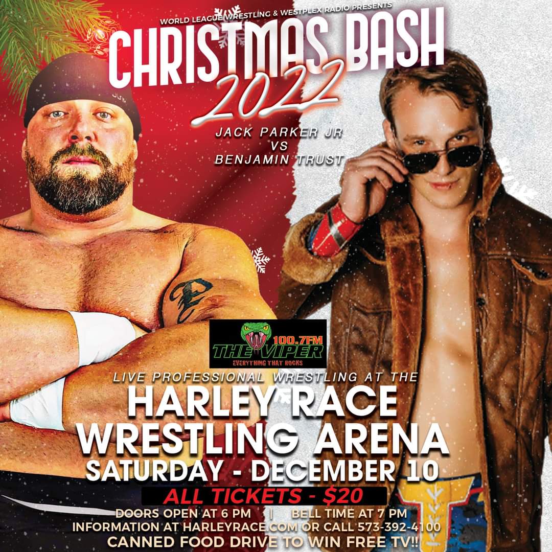 worldleaguewlw's tweet image. On December 10, WLW's #ChristmasBash is back! The first match to be announced will be @SlamUnited making his @worldleaguewlw debut against Jack Parker Jr! 
This match will be part of an awesome event as we bring back our annual food drive! 
🎟 at harleyrace.com/christmasbash.…