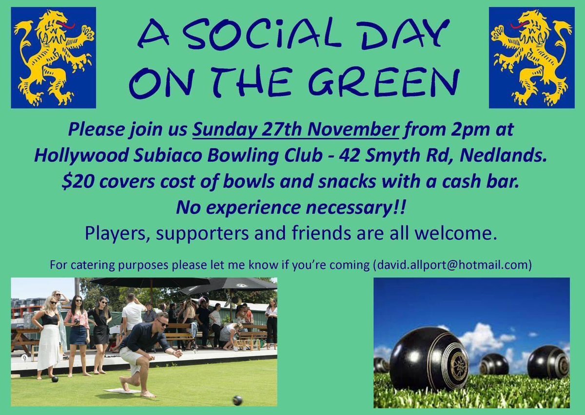 Barefoot Bowls

For a fun afternoon on the green why not join us for a social bowl on Sunday November 27th at the Hollywood-Subiaco Bowling Club?

instagram.com/p/ClU_NkBMsL6/…