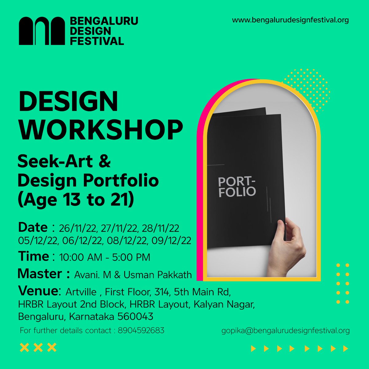 BengaluruDesign's tweet image. Learn the basics of Design Portfolio-making process.

This workshop will be a platform where students get opportunities to be self reflective, expressive and engage with creative practices.

Meet us Artville  Academy

#masteringtechniques #BengaluruDesignFestival #DesignWorkshop
