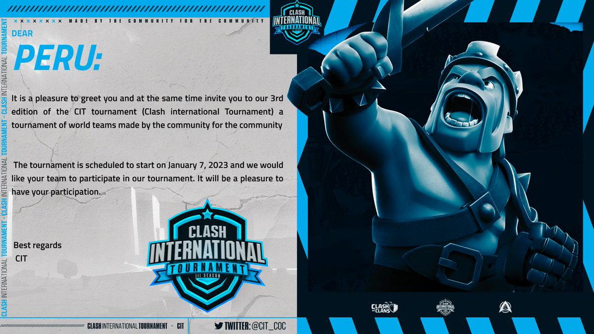 Seleccion Peruana Oficial - COC (@seleperucoc) on Twitter photo 📢Agradecemos la invitación a este gran torneo. Prepárense que Perú viene con todo!🍫🇵🇪
<a href="/CIT_COC/">CLASH INTERNATIONAL TOURNAMENT</a> 📢Agradecemos la invitación a este gran torneo. Prepárense que Perú viene con todo!🍫🇵🇪
<a href="/CIT_COC/">CLASH INTERNATIONAL TOURNAMENT</a>