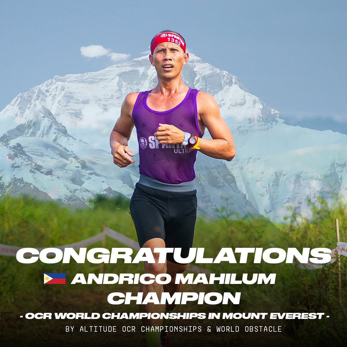SpartanRacePH's tweet photo. Congratulations to Team 🇵🇭 Andrico Mahilum (OCR National Athlete) for claiming the men’s CHAMPION at the OCR World Championships held in Mt. Everest hosted by Altitude OCR &amp; World Obstacle 💪 

#SpartanPH
#SpartanRacePH
#WorldOCR
#AltitudeOCR 
#MtEverest https://t.co/UYHA0e4TaA