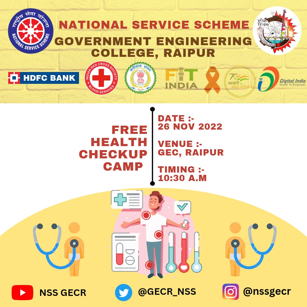 YaminiDevdas's tweet photo. NSS, GECR is glad to inform that it is Organising Blood Donation Camp and Free Health Checkup Camp on 26 November, 2022.
Your contant 

@YASMinistry
@_NSSIndia
@NSSRDBhopal
@NssChhattisgarh
@_NSSAwards
@askabir_
@SamarendraS21
@dr_dsraghu
@nsscsvtuCG https://t.co/EJ12lj7XtK