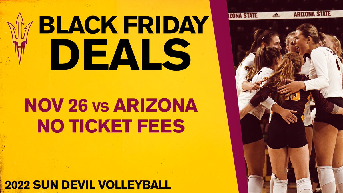 SunDevilVB's tweet photo. We're taking on the Cats at Desert Financial Arena tomorrow and we have a Black Friday deal to help pack the stands! 🔱

🔗: https://t.co/kUo2527XzK

#ForksUp https://t.co/h1A9P6Ibp0