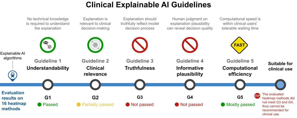 We propose the Clinical Explainable AI Guidelines that supports XAI design and evaluation for clinical use. Before clinical implementation, an XAI system should fulfill the five guidelines of: Understandability, clinical relevance, truthfulness, and informative plausibility.