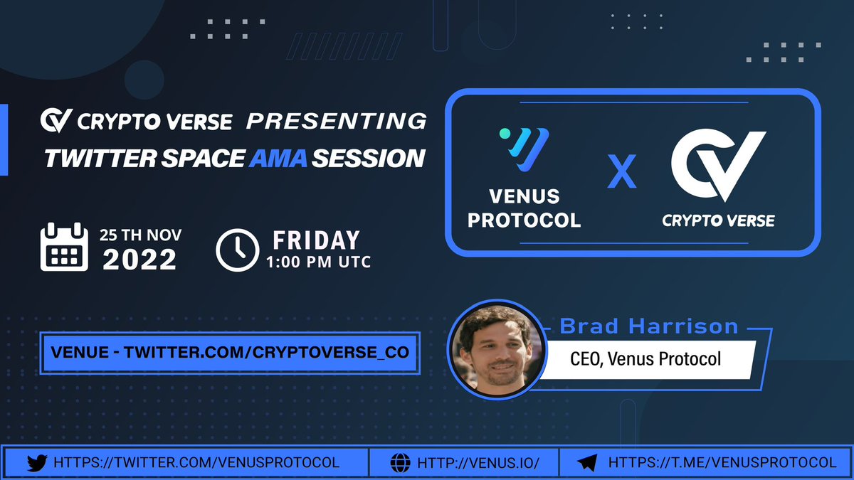 Join us for a Special Twitter Space #AMA with the <a href="/VenusProtocol/">Venus Protocol</a> on 25th November, 1 PM UTC

1️⃣ Follow <a href="/CryptoVerse_Co/">Crypto Verse</a> &amp; <a href="/VenusProtocol/">Venus Protocol</a> 
2️⃣ Like &amp; RT

✉️ Set Reminder - x.com/i/spaces/1dRKZ…