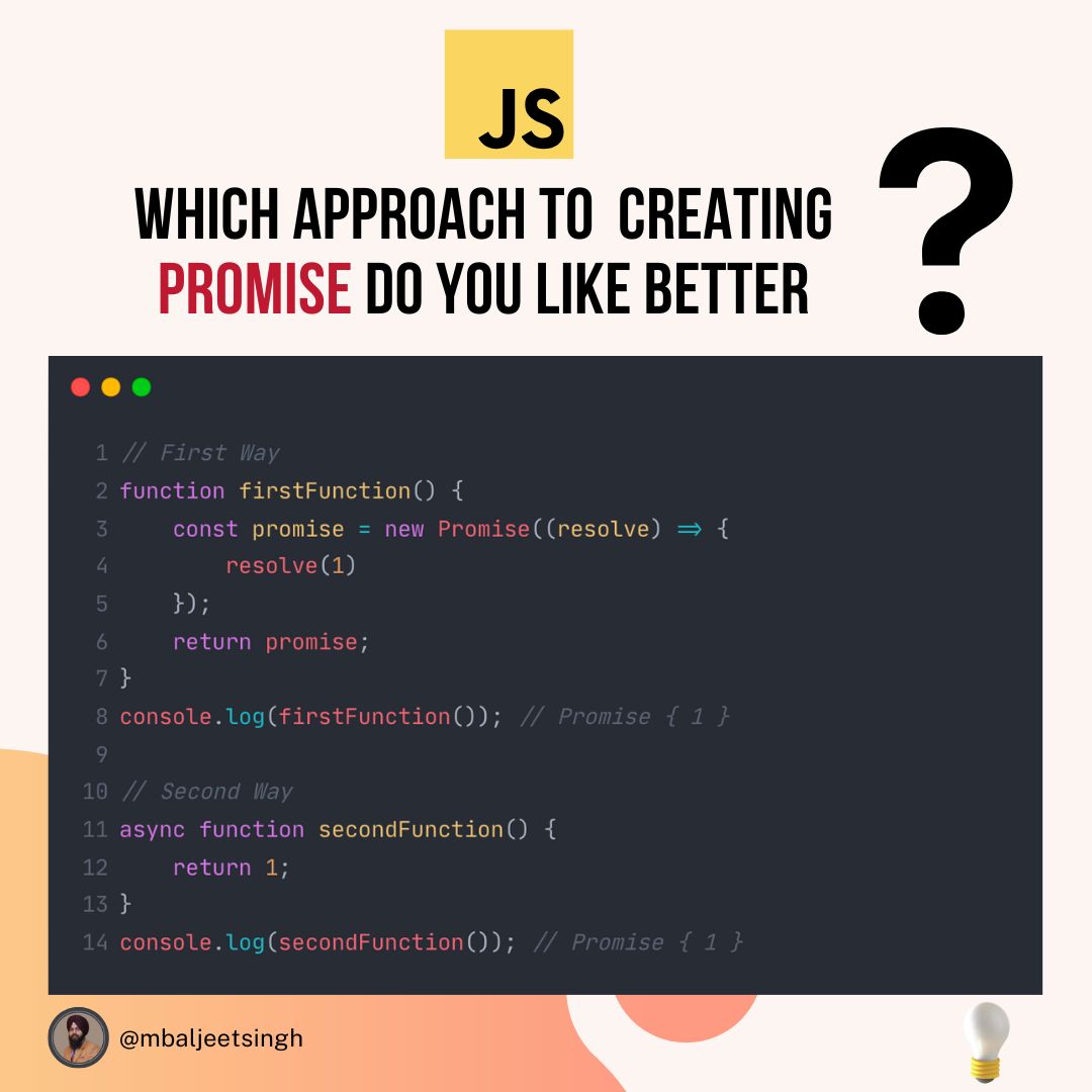 mbaljeetsingh's tweet image. Javascript Tip ๐ก
Which approach to creating Promise do you like better?
btw, both approaches produce the same output.
#javascripttip #promise #asyncawait