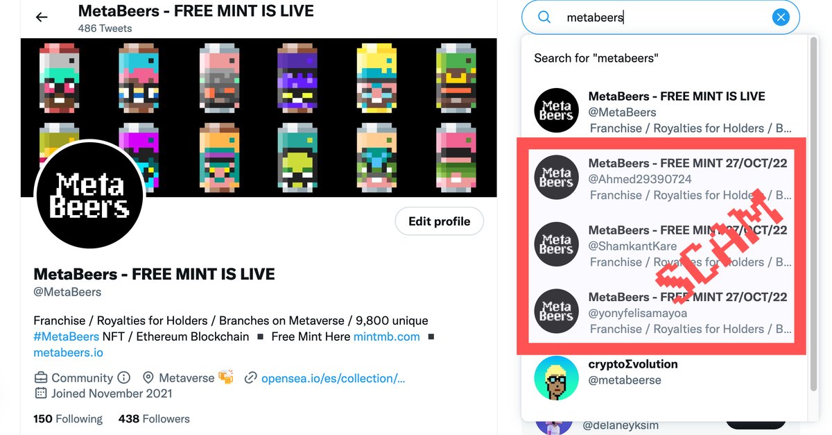 MetaBeers - FREE MINT IS LIVE (@metabeers) on Twitter photo Warning, these 3 accounts are using the MetaBeers identity to deceive and send spam. You would help us a lot by reporting them. Thank you!
Our official accounts are.
Twitter <a href="/MetaBeers/">MetaBeers - FREE MINT IS LIVE</a>
Web. metabeers.io
Mint Live. mintmb.com
OS. opensea.io/es/collection/… Warning, these 3 accounts are using the MetaBeers identity to deceive and send spam. You would help us a lot by reporting them. Thank you!
Our official accounts are.
Twitter <a href="/MetaBeers/">MetaBeers - FREE MINT IS LIVE</a>
Web. metabeers.io
Mint Live. mintmb.com
OS. opensea.io/es/collection/…