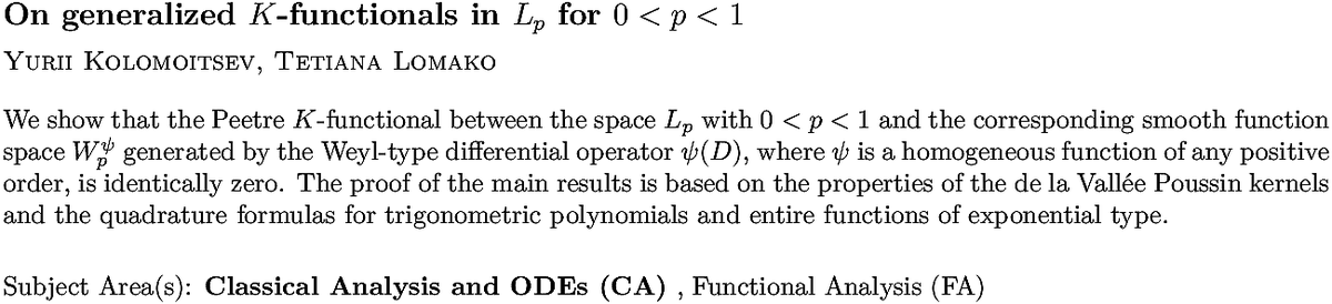 arxiv.org/abs/2211.12564…
Y Kolomoitsev, T Lomako
On generalized $K$-functionals in $L_p$ for $0<p<1