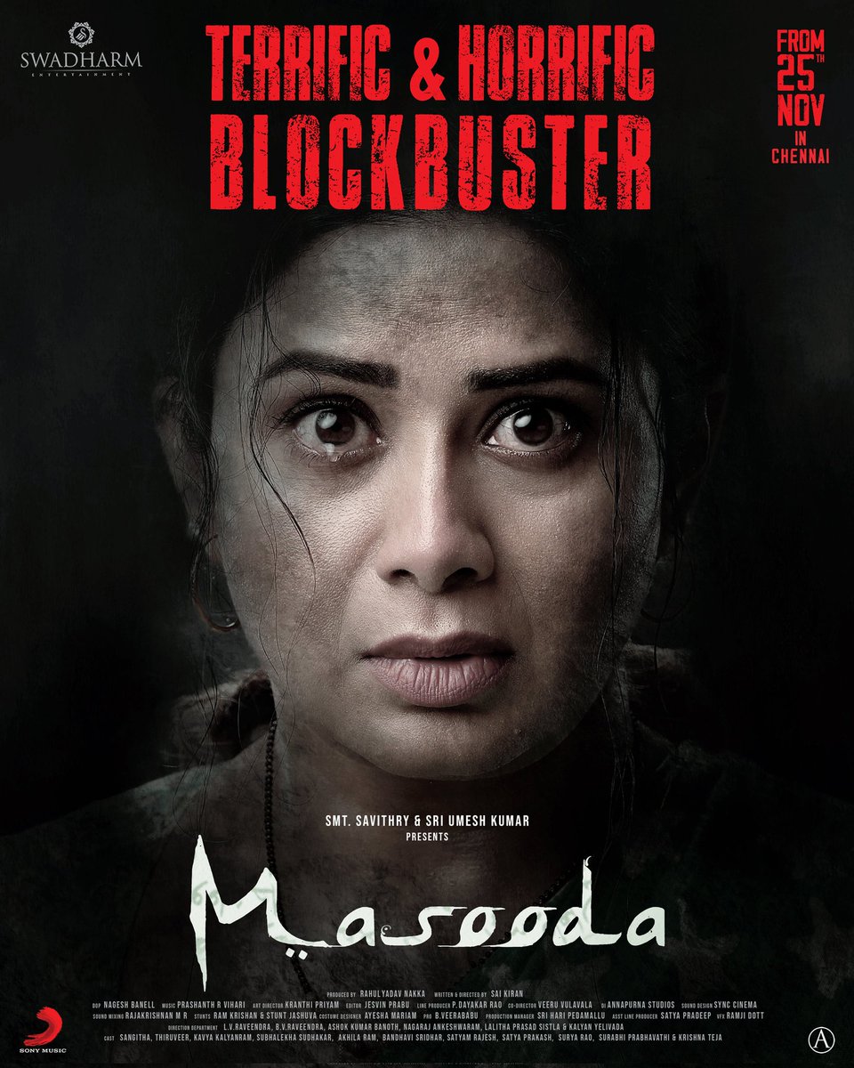 Terrific Blockbuster #Masooda is Expanding its Wings Far and Wide. 
Theatrical Release in Chennai from Nov 25th 🔥

Tickets - bookmy.show/Masooda

#SaiKiran @IamThiruveeR <a href="/KavyaKalyanram/">KavyaKalyanram</a> <a href="/sangithakrish/">sangithakrish</a> @Bandhavisri <a href="/prashanthvihari/">Prashanth R Vihari</a> <a href="/RahulYadavNakka/">Rahul Yadav Nakka</a> @SVC_Official