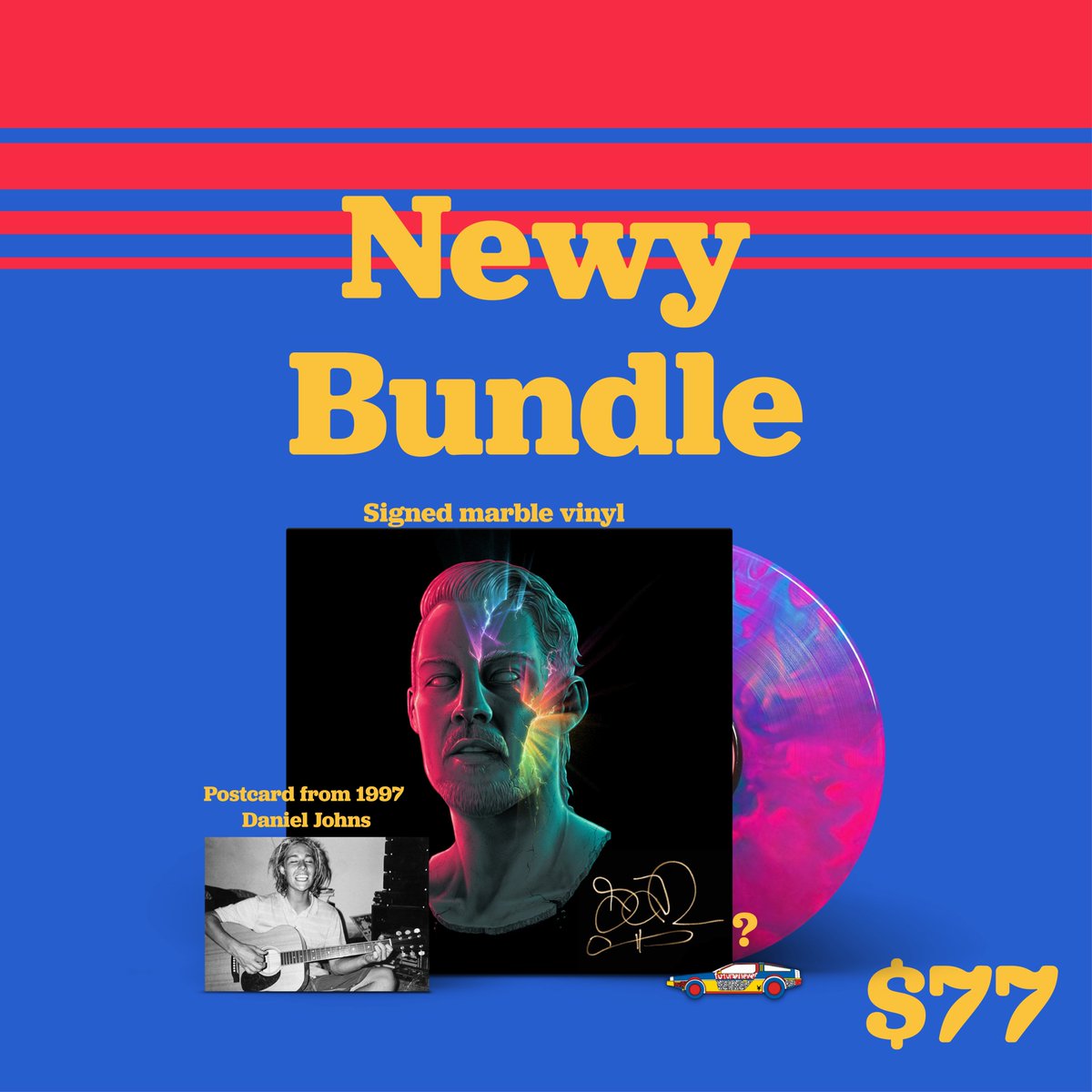 DanielJohnsHQ's tweet photo. To celebrate my love for Newy, Radio Velvet has a Newy bundle with a signed Red and Blue marble vinyl, a postcard from 1997 me (with a super random message from my 17 year old self) and a randomly selected time-travelling DanieLorean pin, LINK IN BIO if you want one. Dan💙❤️ https://t.co/nBD2BCbwD8