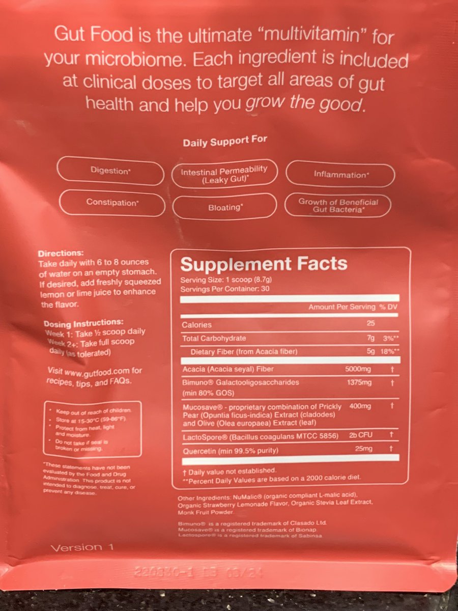 bfaithwick's tweet photo. Gut Food is taken daily on an empty stomach.  It provides nutrients to help keep digestion healthy.  I have been taking the powder, mixed in water for two weeks with good results.  Gut Food packet shown. https://t.co/ziwhcbbRVD