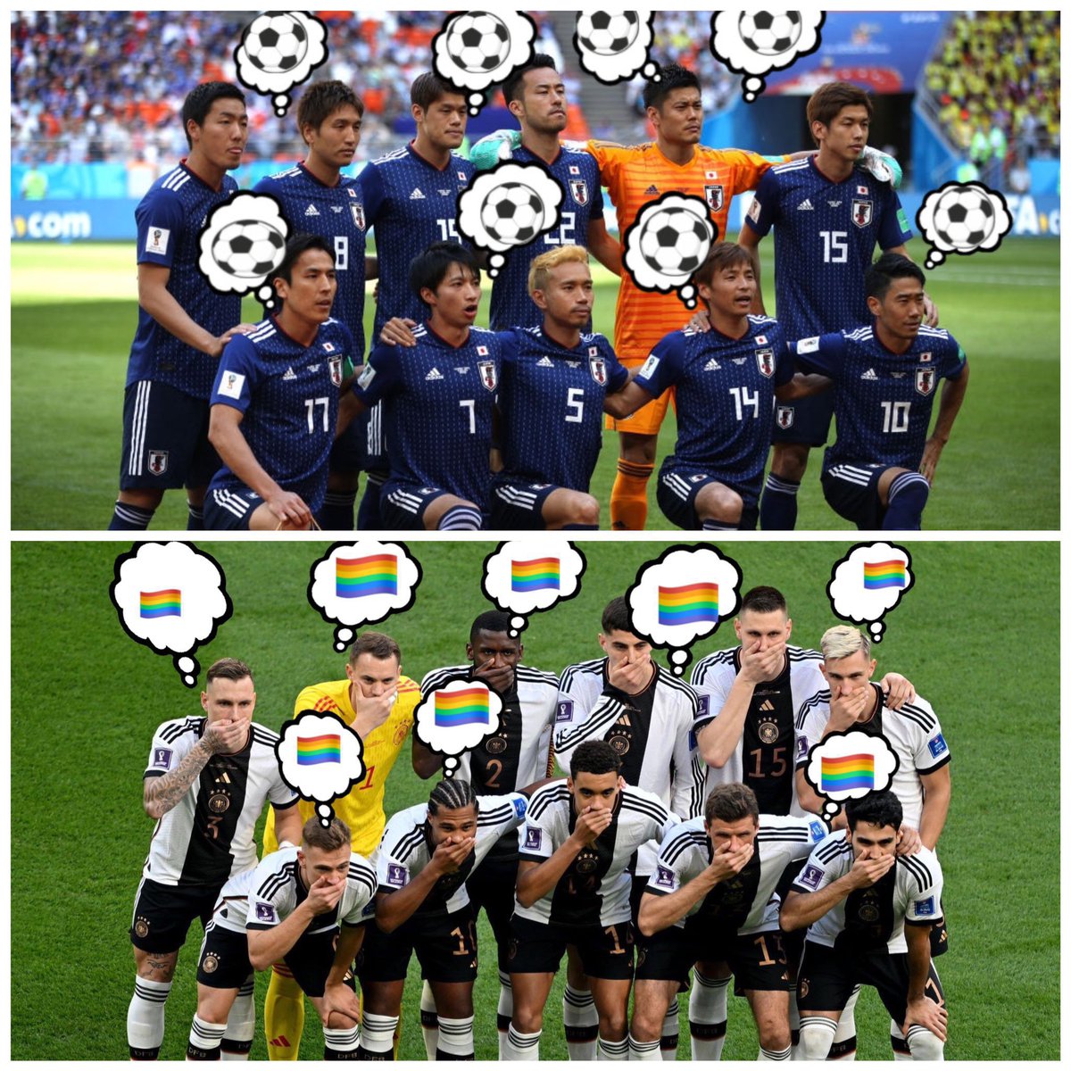 💢ناقد الماني غرد بهذه الصورة في الهاشتاقات الألمانية "اليابان يلعب بفكر الفوز بالمباراة والمنتخب الألماني يفكر كيف يثبت للعالم بأنه شاذ جنسياً" 
ولاقى هجوم شرس من أنصار #منتخب_الشواذ 
#DieMannschaft