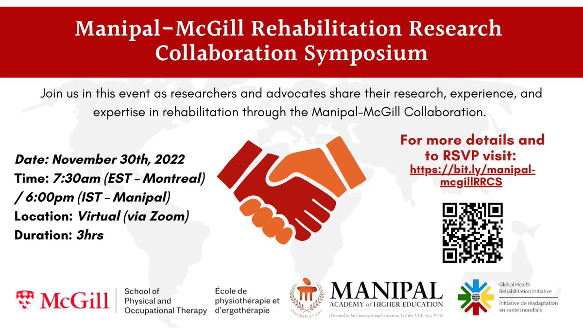 McGillRehab's tweet photo. Manipal-McGill Rehabilitation Research Collaboration Symposium-Nov 30
Keynote speakers:Philippe Archambault,PhD, McGill University, SPOT  &amp;  Smt. Rathna, District Disability Welfare Officer, Udipi District. 
Schedule/Registration: https://t.co/SwGT3Ub6gm
@MAHE_Manipal @MCHP_MAHE https://t.co/6pAOgqHt0M