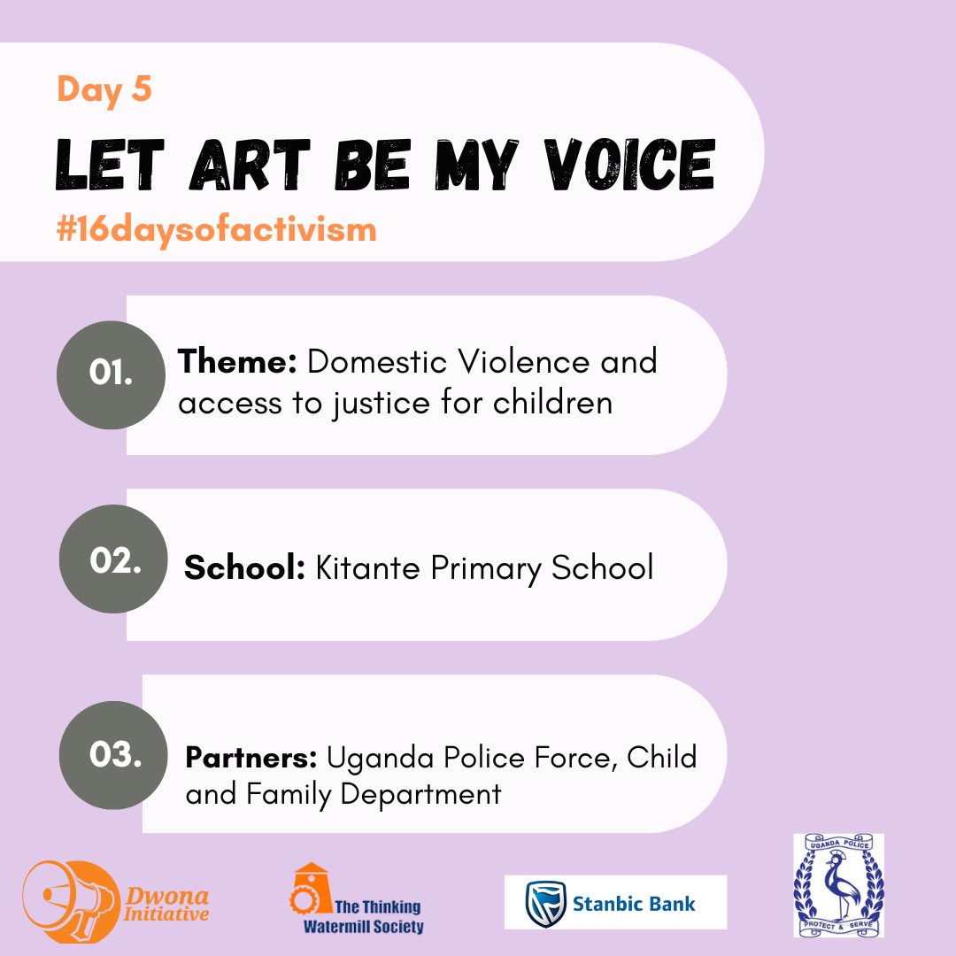 DwonaInitiative's tweet photo. DAY 5: Domestic Violence and Access to justice for children.
📍 Kitante Primary School, Kampala together with our partner @Ugandapolice1 @momocherise @AKasingye @ondoga
#16DaysOfActivism #LetArtBeMyVoice #wednesdaynetflix #16DaysUg #EndGBV https://t.co/7FB3fAjhdU