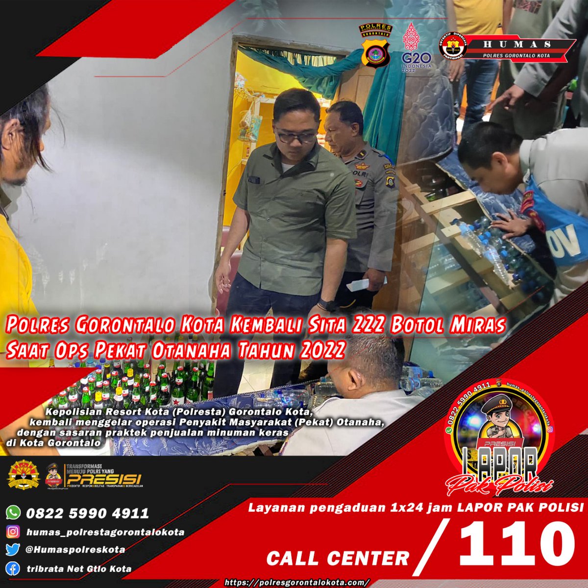polsekkpg's tweet photo. Polres Gorontalo Kota Kembali Sita 222 Botol Miras Saat Ops Pekat Otanaha Tahun 2022

@temanpolisi
@divisihumaspolri 
@multimedia.humaspolri
@polisi_indonesia 
@halo_polisi 
@86_netmedia 
@tribratanewsgorontalo 
@polisiindonesia 
#poldagorontalo
#multimediahumaspolri https://t.co/uhF2gaHxaZ