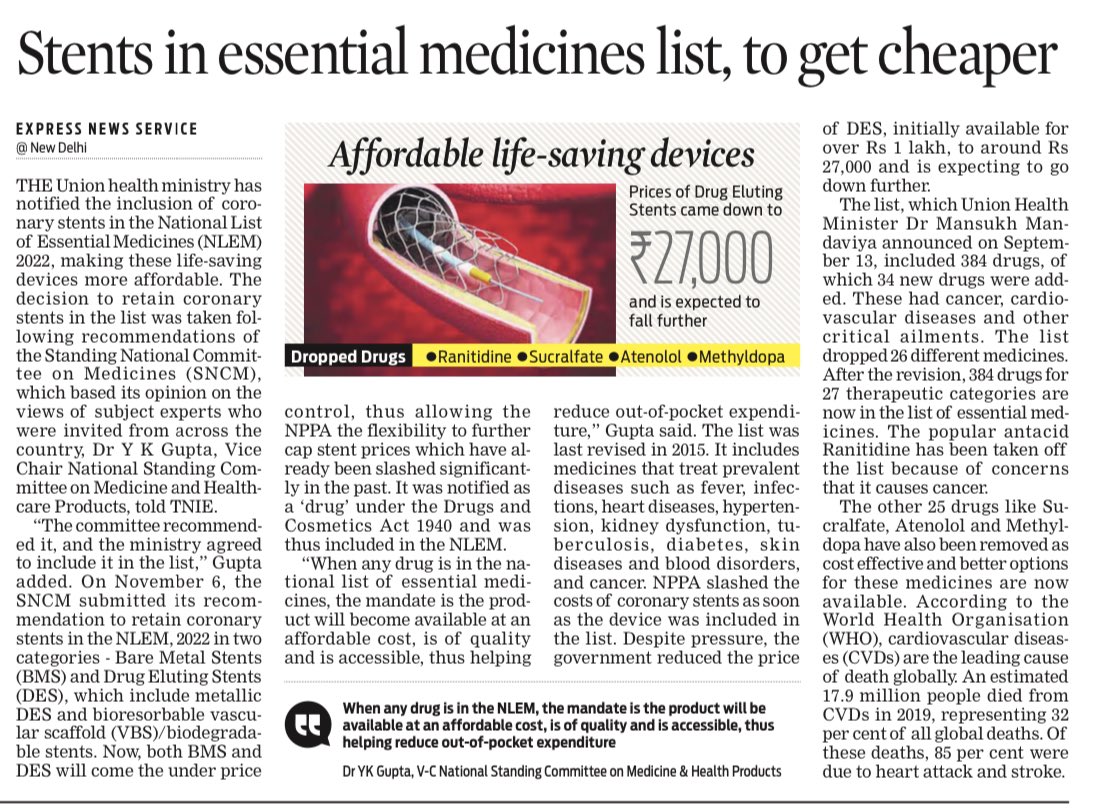 KavitaDatt's tweet photo. Coronary #stents retained in the National List of Essential Medicines #NLEM to become #affordable @NewIndianXpress @TheMornStandard @MoHFW_INDIA @mansukhmandviya @OfficeOf_MM https://t.co/kwcfkmUMnD
