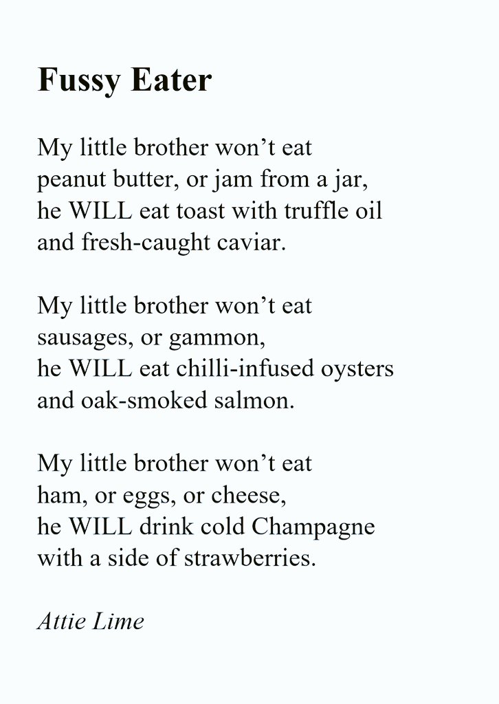 AttieLime's tweet photo. Inspired by Little Lime, who won't drink squash, dislikes most sweets, but would do anything for smoked salmon! 🍴 #KidsPoetry #PoetryForChildren https://t.co/ybiQiRruWU