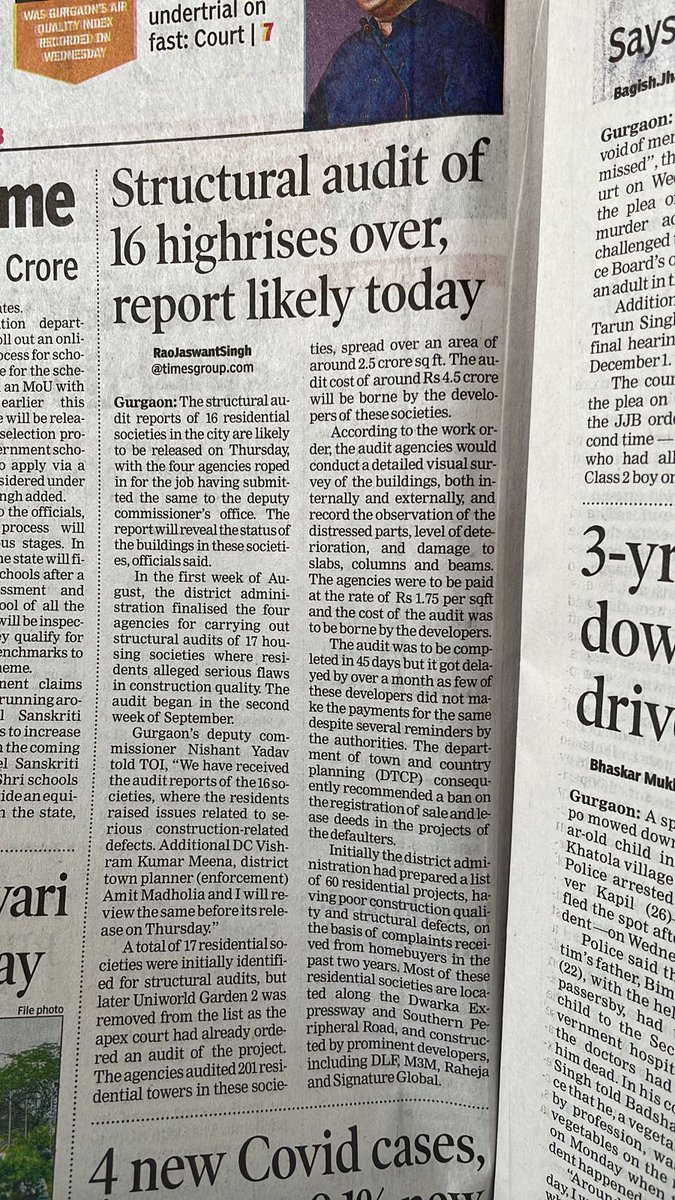 GauriSarin's tweet photo. Raheja Atharwa audit nt started  coz builder didnt deposit structural audit fee in escrow acc &amp; didnt hand over drawings. Now deposited money but drawings not yet given for 4 towers out of 11. How come DTP issued OC in 2008 if req drawings nt there? @cmohry @DC_Gurugram @dtcphry https://t.co/SjTpbBC06m