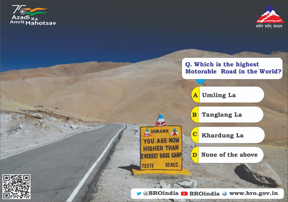 BROindia's tweet photo. #KnowyourBRO...
A new feature in which we would see how much do you know your country and @BROIndia
Please answer the given question.. https://t.co/shXMrAwlYT
