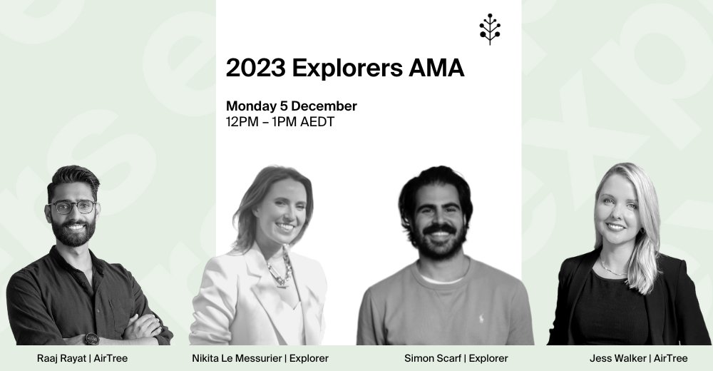 airtreevc's tweet photo. Want to know more about what's in store for Explorers in 2023?🙋

Join @RaajRayat &amp; @jwalksVC for an AMA session on the program. We'll also have 2 of our current Explorers–@NikitaLeM and Simon Scarf–there to share their experiences.
➡️Register here:https://t.co/tmr84LRnDs https://t.co/9PS9wItUQb