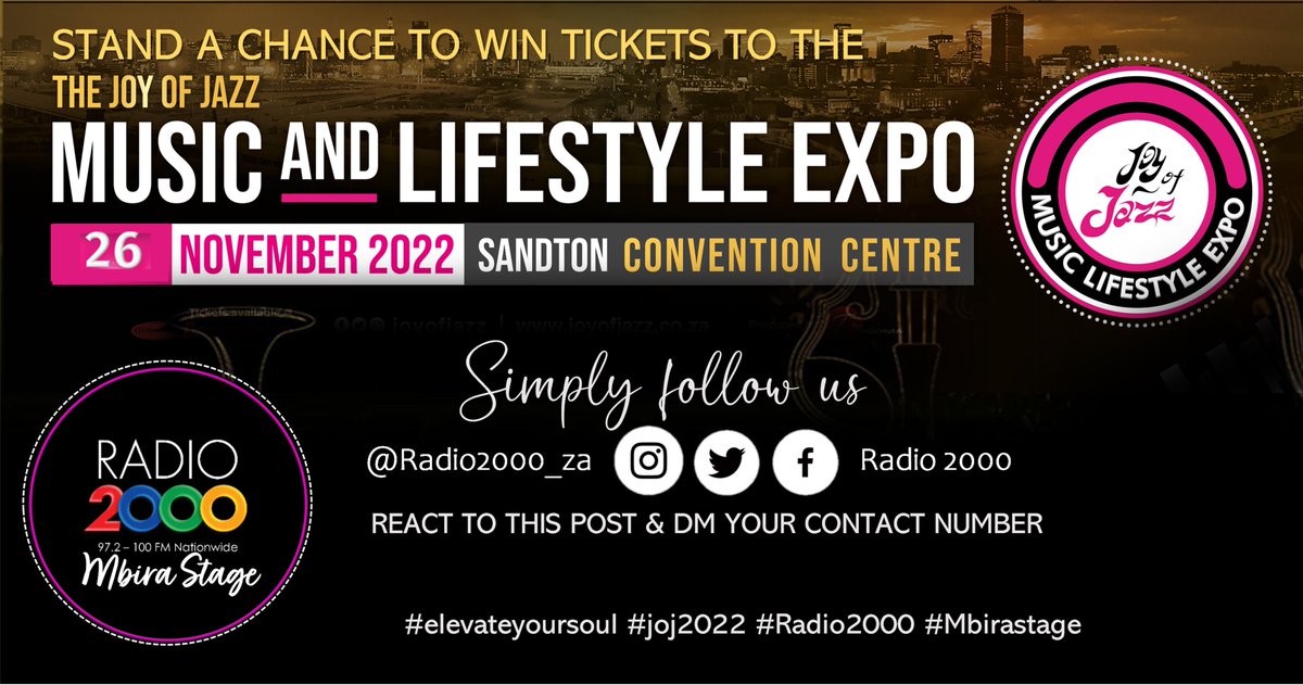 #TicketGiveAways | We’re giving away <a href="/JoyOfJazz/">Standard Bank Joy Of Jazz</a>  Music and Lifestyle Expo tickets for you and 4 friends. Follow us, react to the post and inbox your numbers...
for #jazzexperience
#whatisjazz
#jazzexpo
 #JoyOfJazz 
#ElevateYourSoul
 #LiveTheMusic
<a href="/Radio2000_ZA/">Radio 2000</a>   #Radio2000