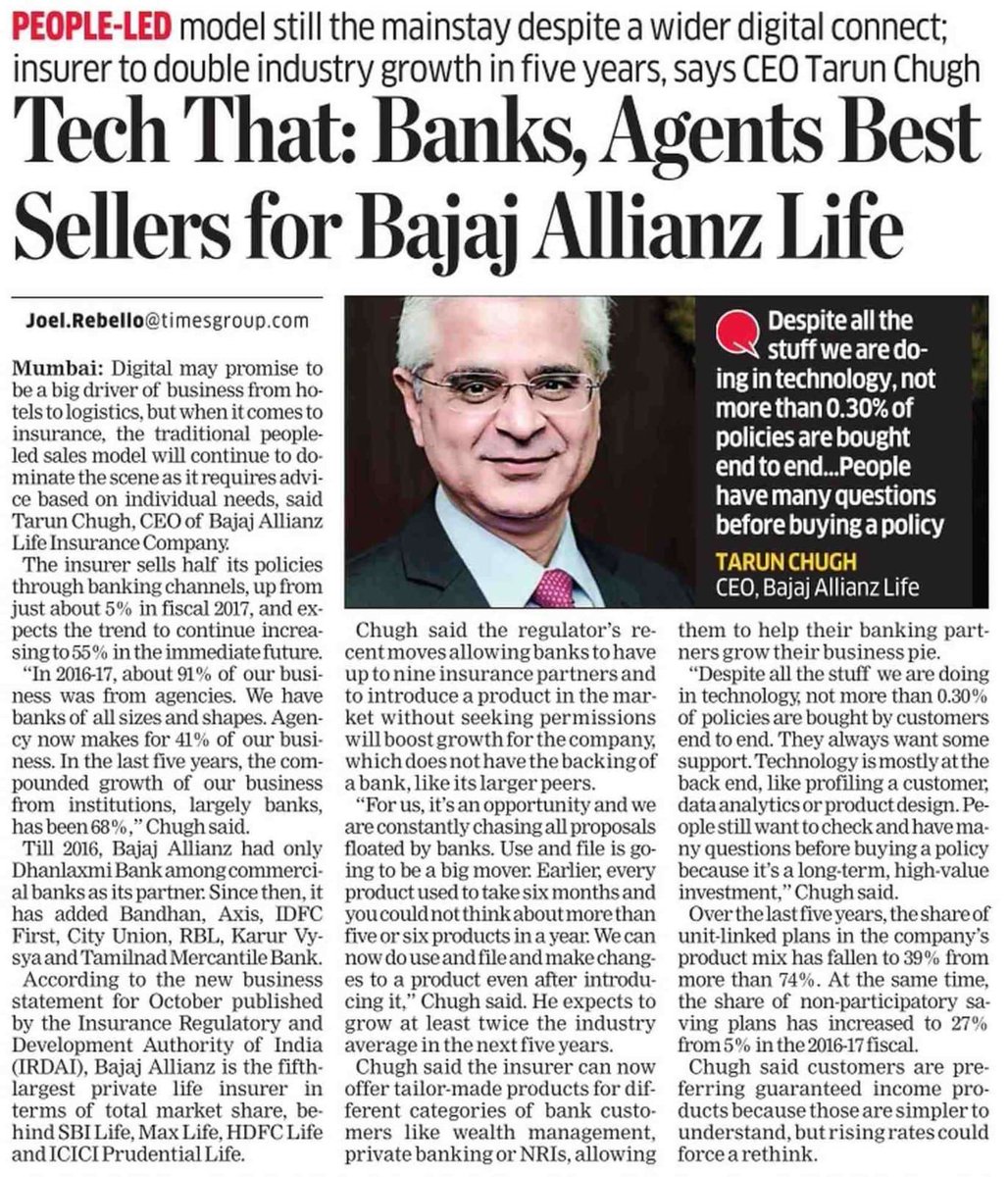 TarunChugh2015's tweet photo. In insurance people-led sales model trumps the digital one. At @BajajAllianzLIC primary sales drivers are banca &amp; agency. IRDAs positive guidelines will propel sector growth helping India to go from 10th in terms of GWP in 2021 to 6th place in 2030. My interview to @EconomicTimes https://t.co/w1KbHxnJmT