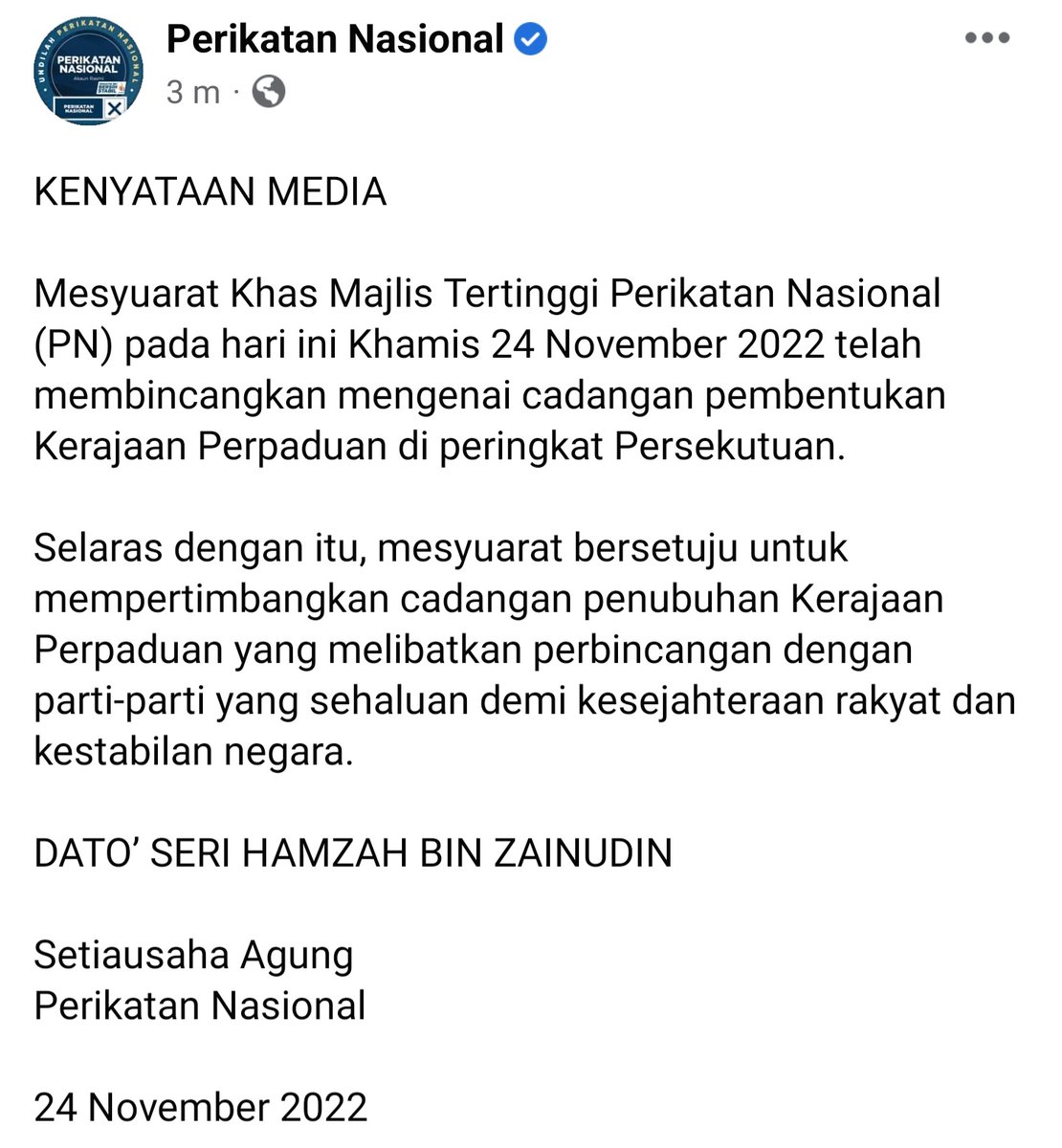AfiezyAzaman's tweet photo. BREAKING:

Perikatan Nasional (PN) setuju pertimbangan cadangan penubuhan Kerajaan Perpaduan libat perbincangan parti-parti sehaluan - Setiausaha Agung PN @dhzhamzah https://t.co/dRxfHfW3Lw
