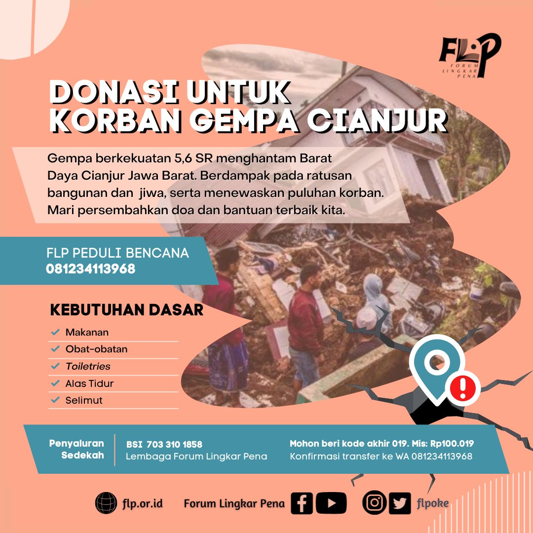 FLPoke's tweet photo. Forum Lingkar Pena turut berduka atas musibah gempa di Cianjur, Jawa Barat.
Salurkan donasi terbaik anda ke
BSI 703 310 1858 a.n. Lembaga Forum Lingkar Pena
Konfirmasi transfer: https://t.co/VMp5skSp2P
#flppedulibencana
#flppeduligempacianjur
#flppeduli
#forumlingkarpena
#flp https://t.co/n8EY9gW2yb