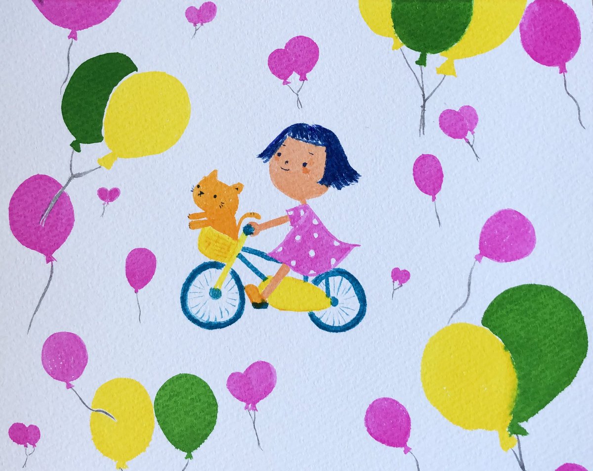 「ゆめいっぱい」

#イラスト　 #ふうせん　 #ねこ 
#絵本