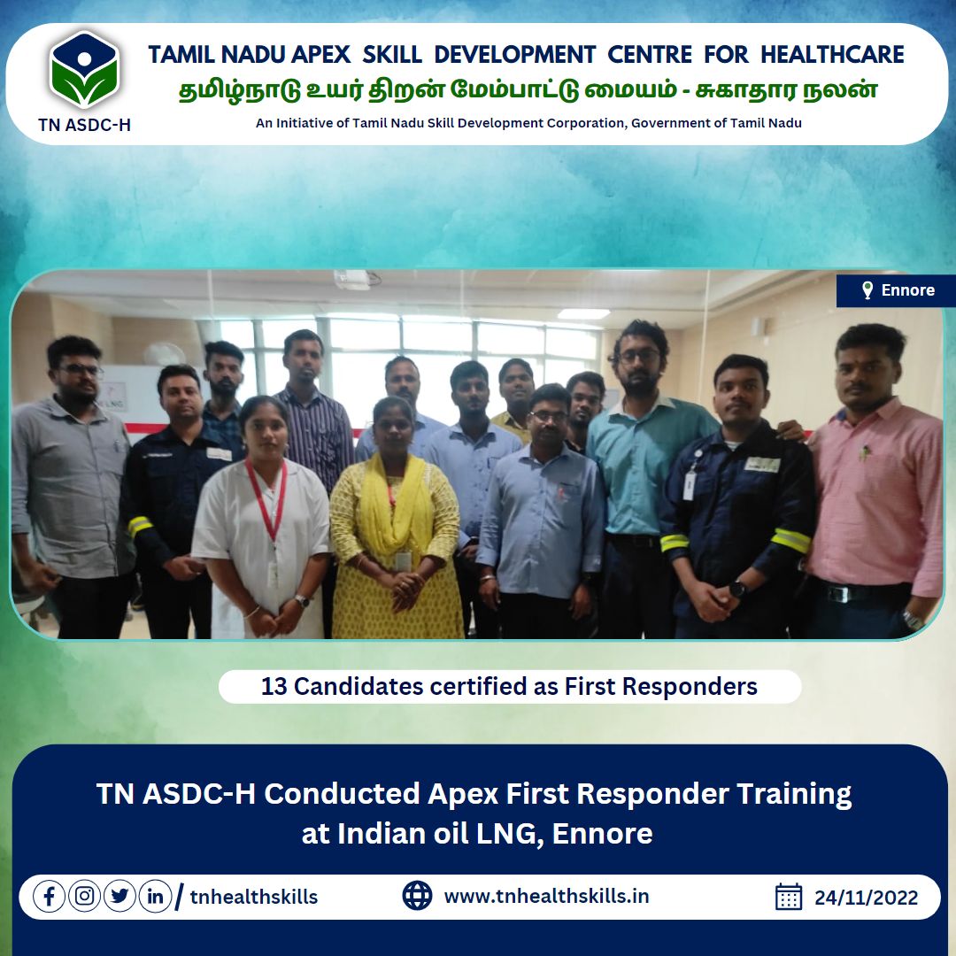 tnhealthskills's tweet photo. TN ASDC-H Conducted Apex First Responder Training at Indian oil LNG, Ennore.13 candidates from certified as First responder.

@CMOTamilnadu   @NHM_TN  @NSDCINDIA   @PIB_India  @pibchennai  @HSSC_India  @Skill_India_TN  @WHO @pibchennai 

#TNASDCH #skilldevelopmet #medicaltraining https://t.co/UC8H21shOx