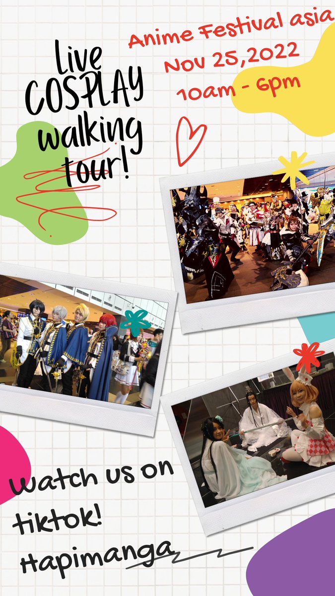 HapiManga's tweet photo. Get ready and walk with us at the ANIME FESTIVAL ASIA 😂✨
Join us live on Tiktok @hapimanga
Nov 25, 2022 10am - 6pm
So excited to see Hakken and other cute cosplayers from all over Asia!!! ❤️❤️❤️

#anime #afasg #animefestivalasia #cosplay #otaku #hapimanga #mangaph #book https://t.co/KIbs0BQw5C