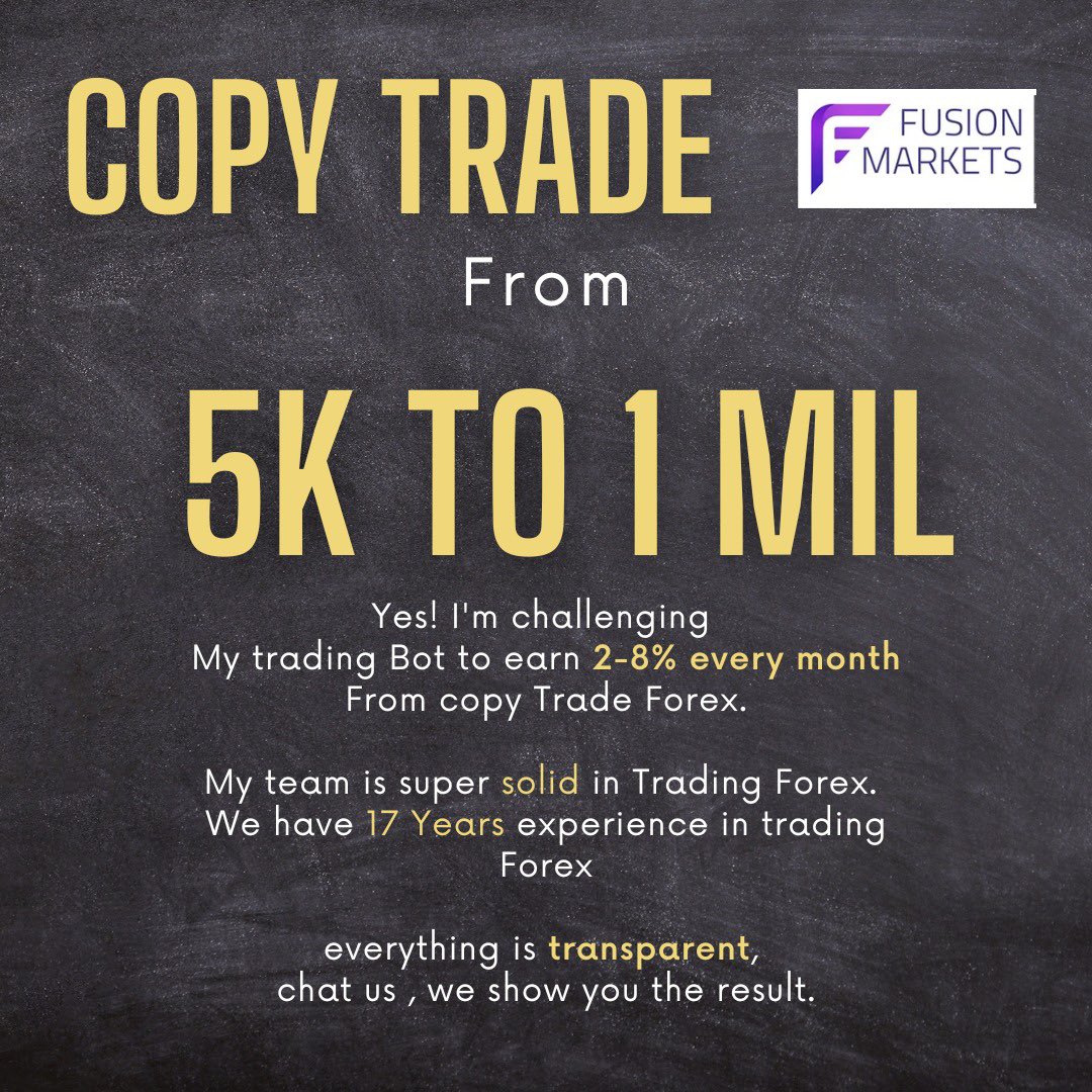 Xxxtrader_eth's tweet photo. Copy Trade From 5k To 1Mil !!

yes! I'm challenging My trading Bot to earn 2-8% everymonth from copy trade Forex.

My Team is super solid in Trading Forex. 
We have 17 years experience in Trading Forex

everything is Transparent,
chat us, We SHOW YOU THE RESUILT.

#trader #forex https://t.co/8tjLGqOtYl