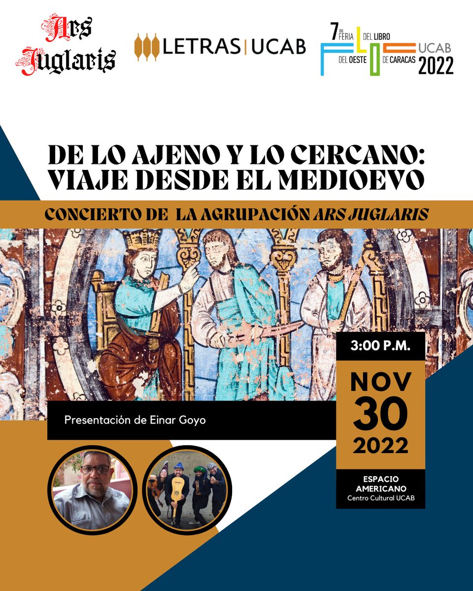 altoynitido's tweet photo. De este año, ya en su penúltima curva, pródigo en aventuras y novedades, llega mi próxima aventura: un concierto escénico de música medieval y renacentista. El próximo miércoles con alumnas de @Letrasucab y los músicos de @arsjuglaris, en la FLOC 2022. Cordialmente invitados! https://t.co/NVUUDHFlzp