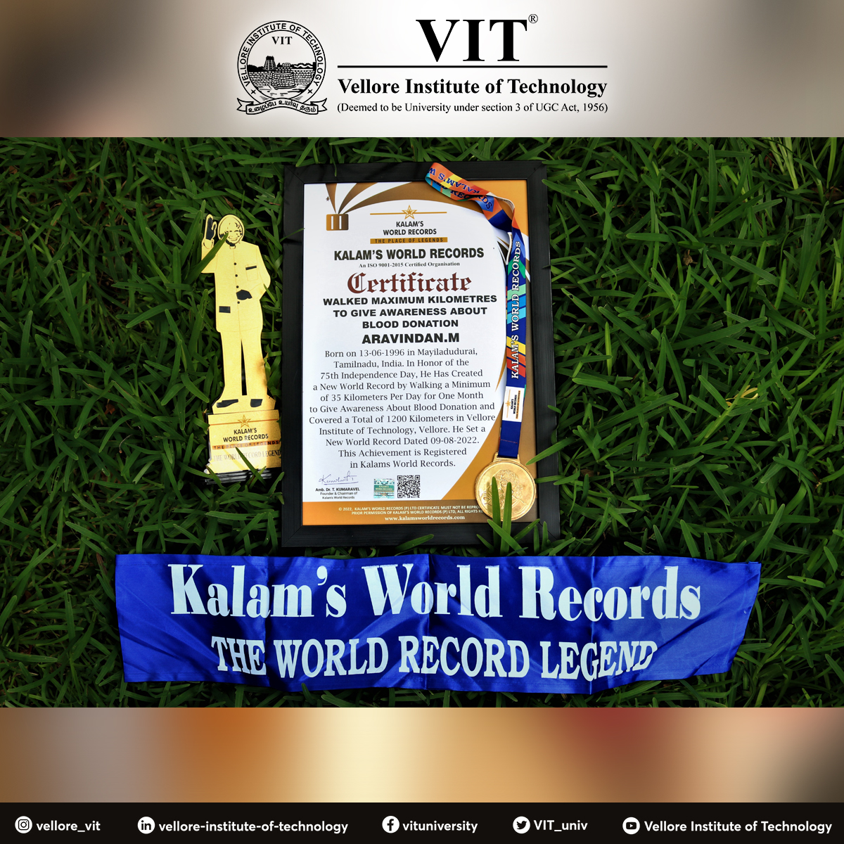 VIT_univ's tweet photo. Hearty Congratulations to @aravimechanizer  from #VIT on creating #KalamWorldRecord for his #achievement of #walking 1200kms to give awareness about #BloodDonation, for which the international anti-corruption and human rights council gave him an #HonoraryDoctorate award! https://t.co/DKhGUOj9IN