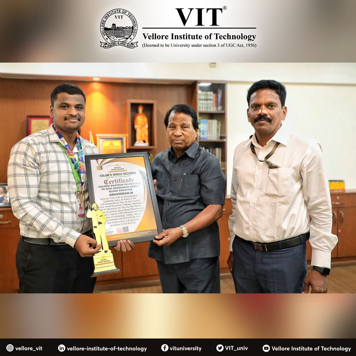 VIT_univ's tweet photo. Hearty Congratulations to @aravimechanizer  from #VIT on creating #KalamWorldRecord for his #achievement of #walking 1200kms to give awareness about #BloodDonation, for which the international anti-corruption and human rights council gave him an #HonoraryDoctorate award! https://t.co/DKhGUOj9IN