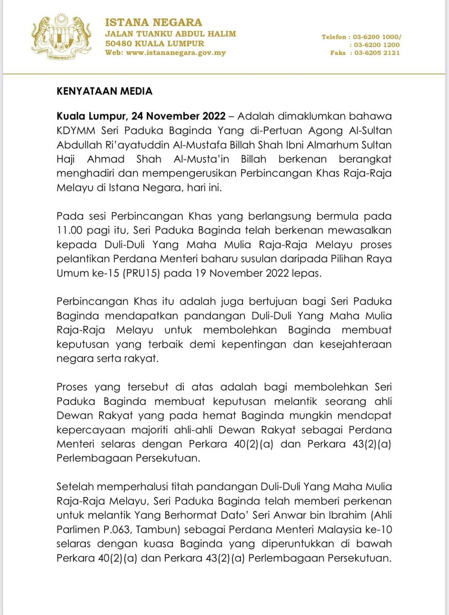 bharianmy's tweet photo. 24 NOVEMBER 2022 - KENYATAAN MEDIA ISTANA NEGARA https://t.co/cuQzbSxq9A