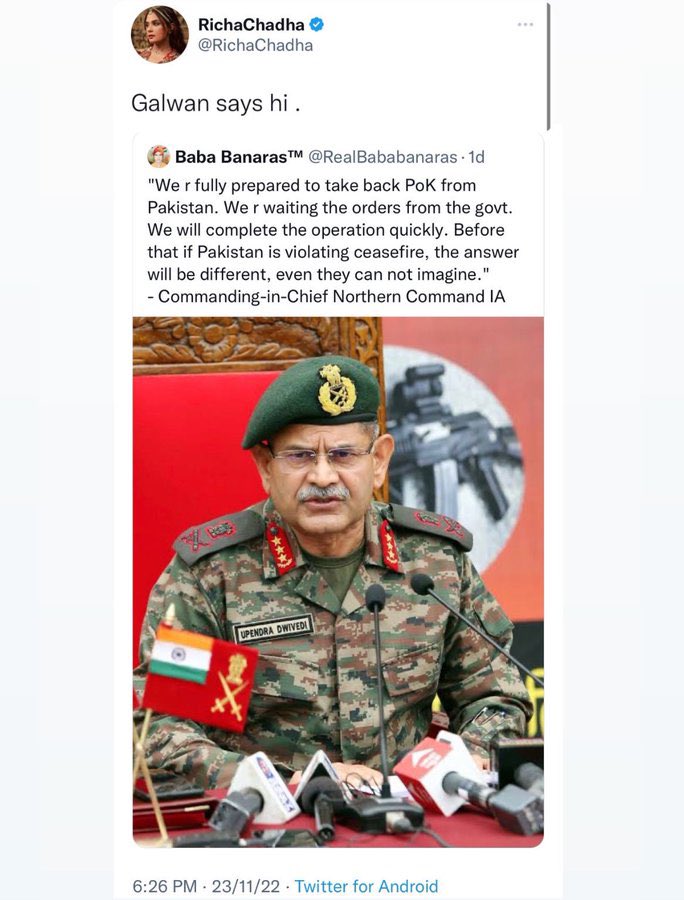 ShefVaidya's tweet image. 20 Indian soldiers made the supreme sacrifice at Galwan including Col Santosh Babu fighting against a barbarian Chinese army. This two bit actress mocks their death by her casual comment. Why does Hindi film industry produce so many gigantic turds like this @RichaChadha?